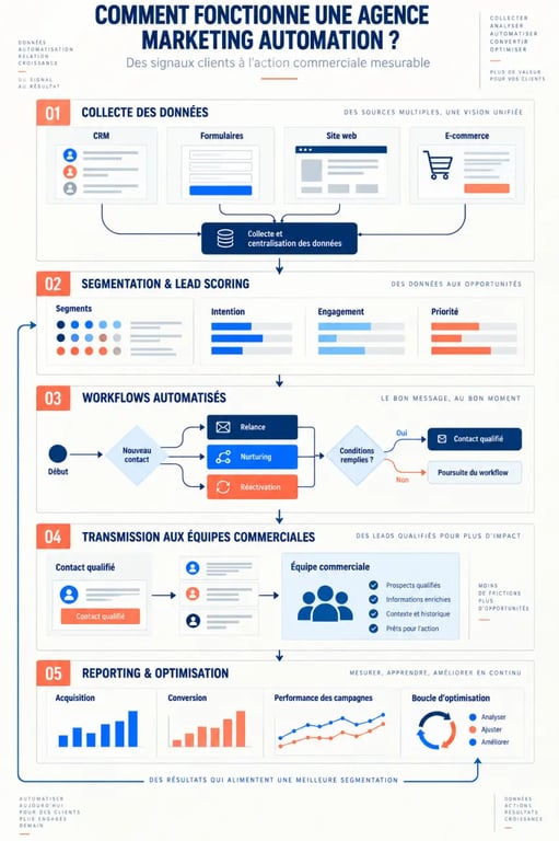 Schéma du fonctionnement d’une agence marketing automation entre données, CRM, segmentation et workflows