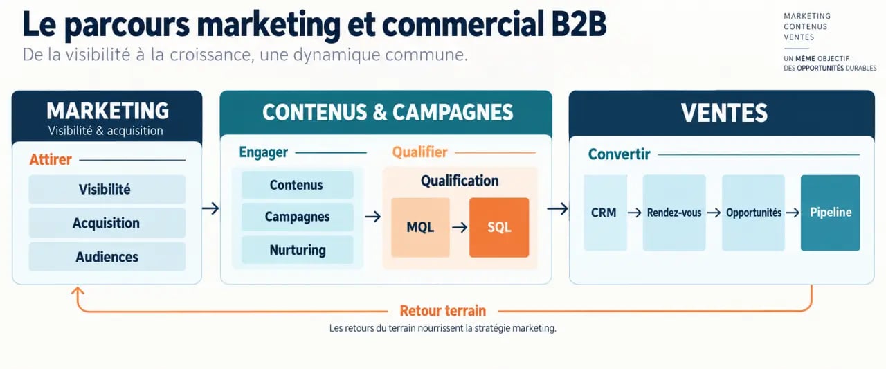 Infographie d’une agence marketing numérique B2B reliant acquisition, qualification, CRM et pipeline commercial