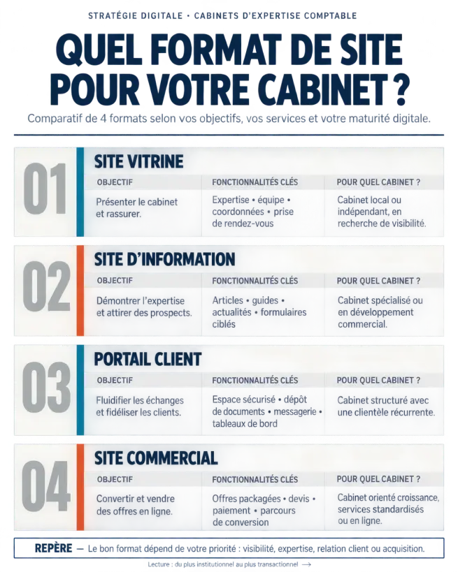 Infographie sur la création site internet expert comptable comparant les formats vitrine, information, portail et commercial