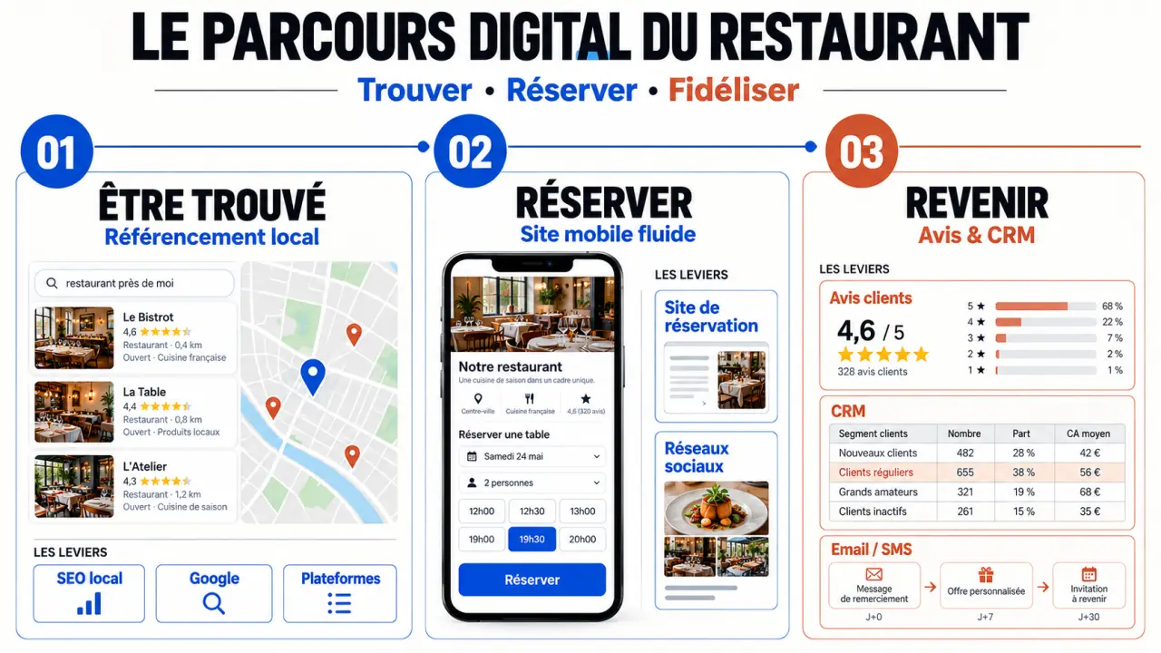 Stratégie digitale restaurant : parcours de la visibilité locale à la réservation et à la fidélisation