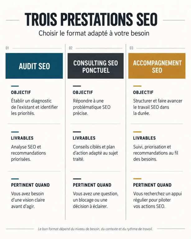 Infographie sur l'accompagnement seo comparant audit SEO, consulting SEO et accompagnement continu