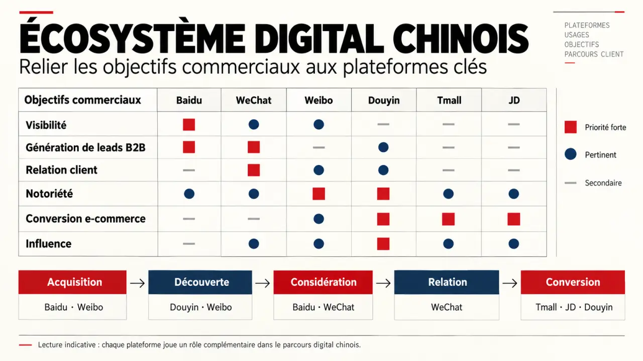 Infographie de l’écosystème d’une agence digitale Chine reliant objectifs commerciaux et plateformes Baidu, WeChat, Weibo, Douyin, Tmall et JD