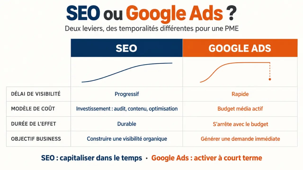 SEO pour PME : comparaison visuelle entre référencement naturel et Google Ads