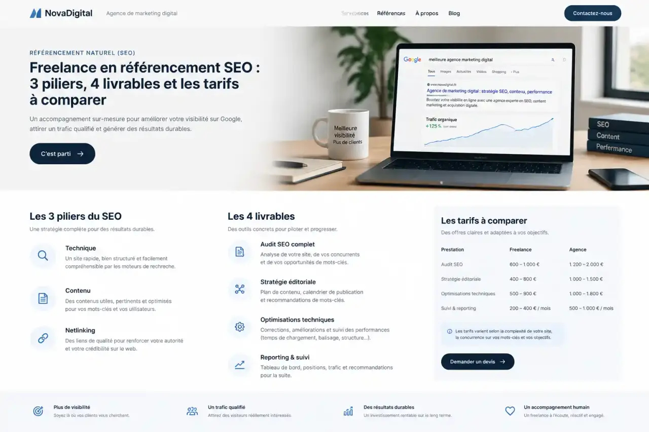 Freelance en référencement SEO : 3 piliers, 4 livrables et les tarifs à comparer