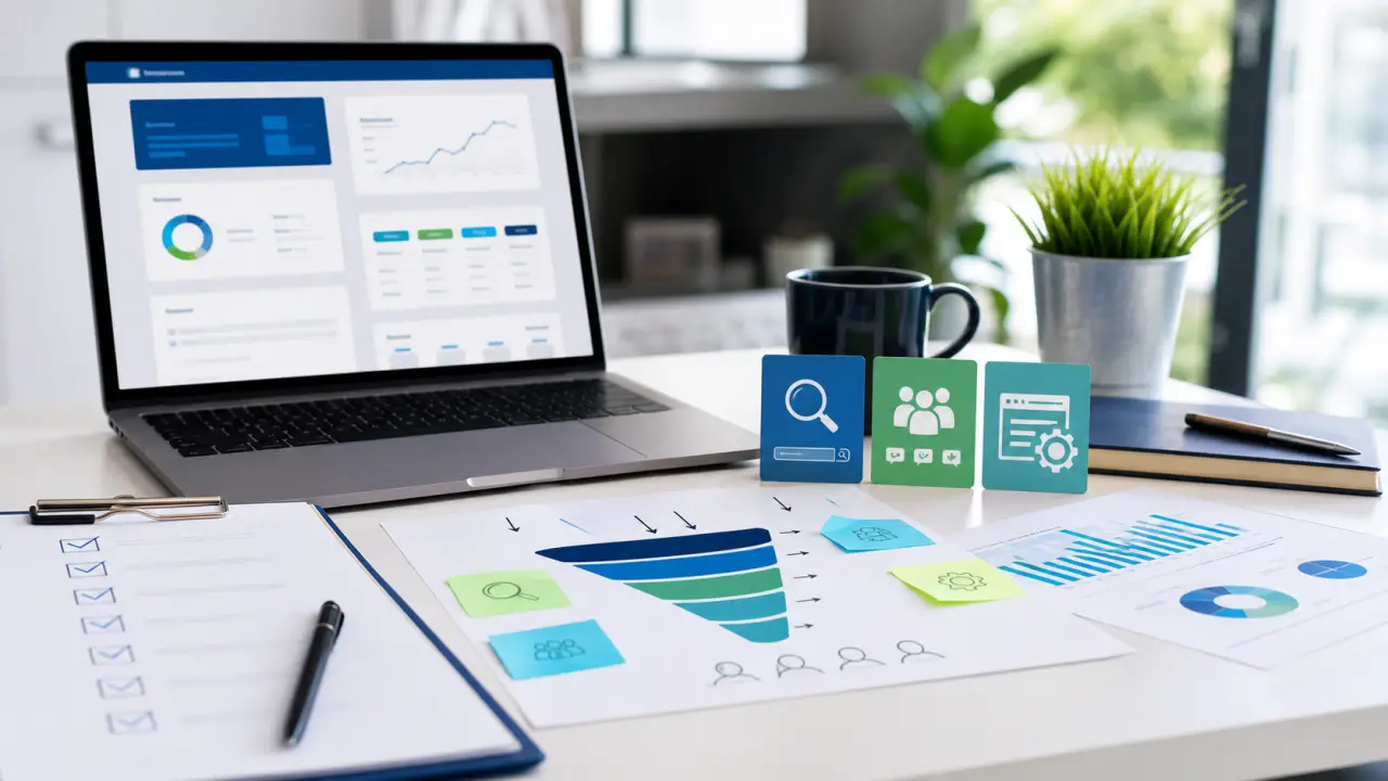 Illustration d'un bureau d'agence digitale avec données de performance et graphiques de croissance