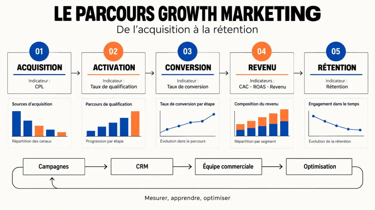 Infographie du funnel d’une agence de growth marketing et de ses principaux KPI