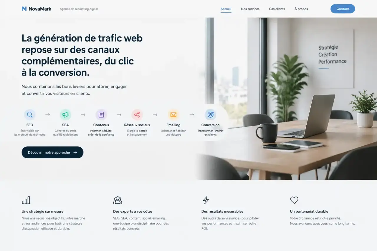 La génération de trafic web repose sur des canaux complémentaires, du clic à la conversion