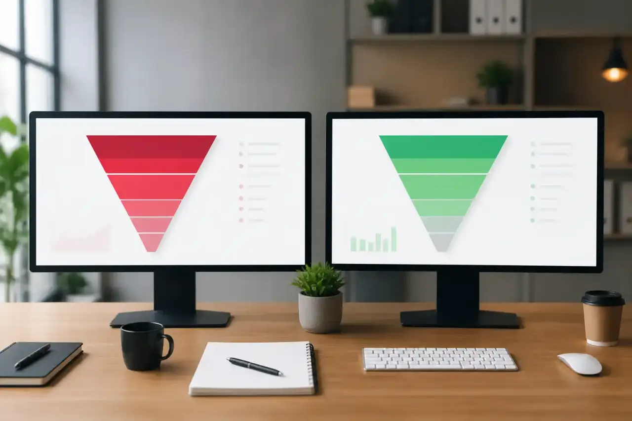 Tableau de bord marketing SaaS montrant la baisse du CPA et la progression des conversions