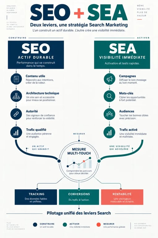 Infographie sur le rôle d’une agence de Search Marketing et la complémentarité entre SEO et SEA