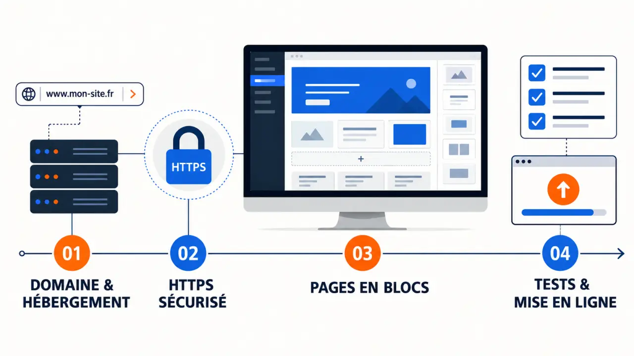 Illustration du parcours de création site wordpress, de l’installation à la mise en ligne