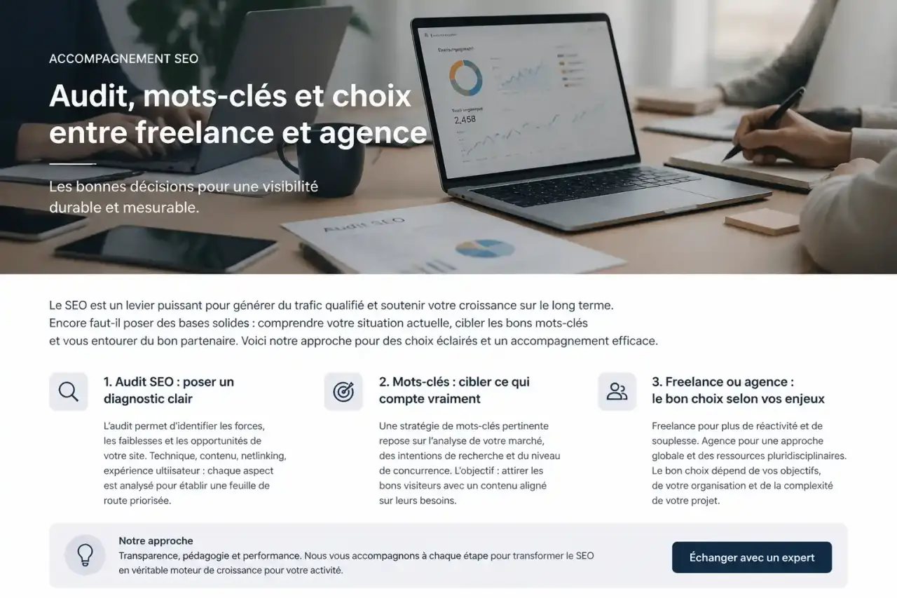 Accompagnement SEO : audit, mots-clés et choix entre freelance et agence