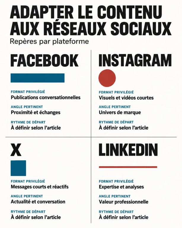 Infographie sur le contenu réseaux sociaux adapté à Facebook, Instagram, X et LinkedIn