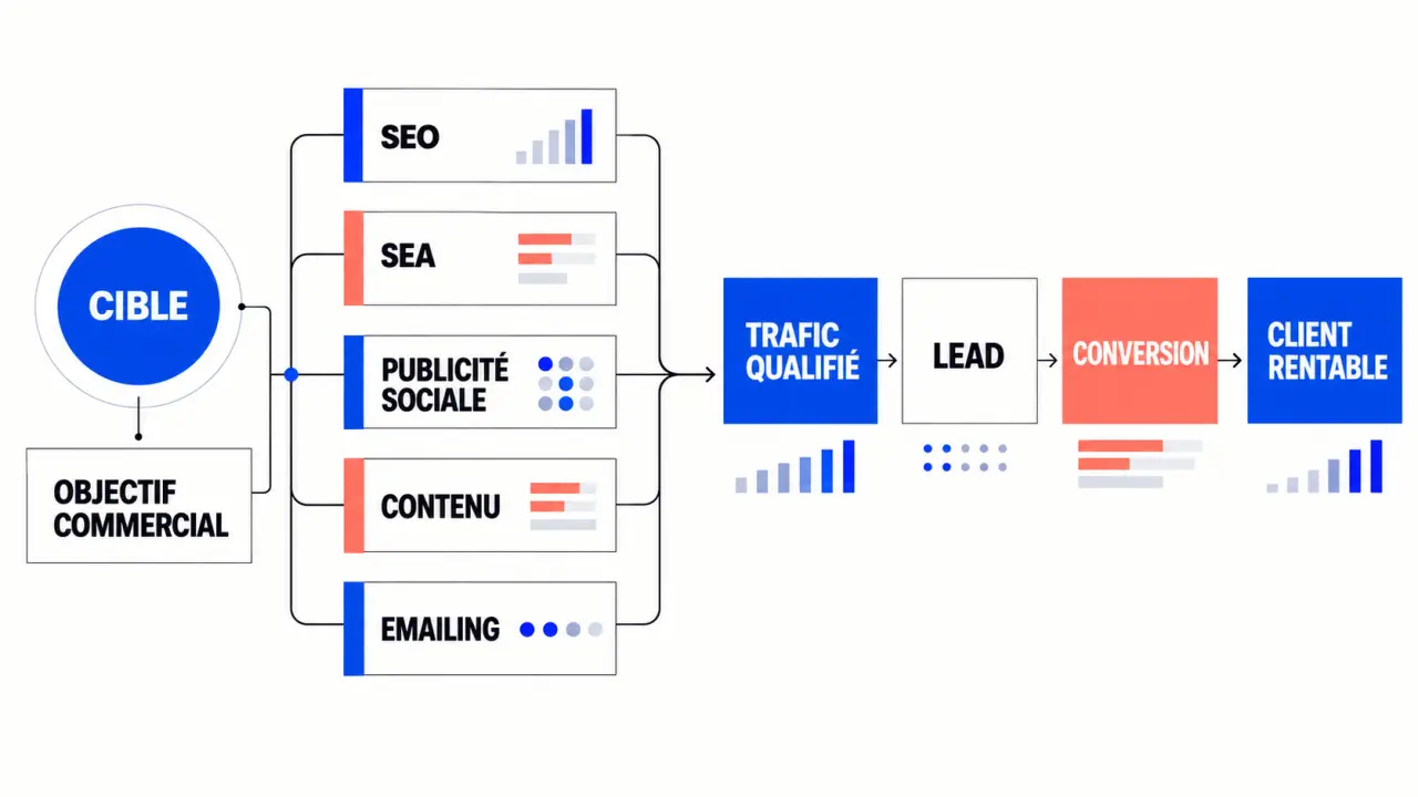 Infographie d’une stratégie d’acquisition digitale reliant les leviers au trafic, aux leads et aux clients
